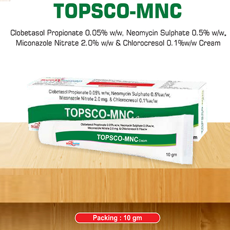 Product Name: Topsco MNC, Compositions of Topsco MNC are Clobetasol Propionate,Neomycin Sulphate ,Miconazole Nitrate & Chlorocresol Cream - Scothuman Lifesciences