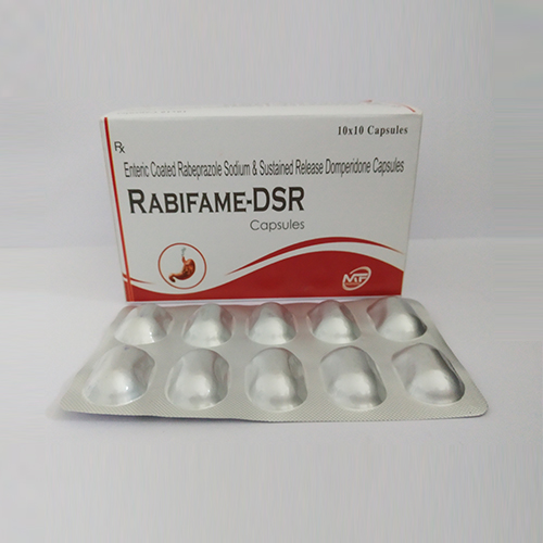 Product Name: Rabifame DSR, Compositions of Rabifame DSR are Enteric Coated Rabeprazole Sodium & Sustained Release Domeperidone Capsules - Medifame Biotech