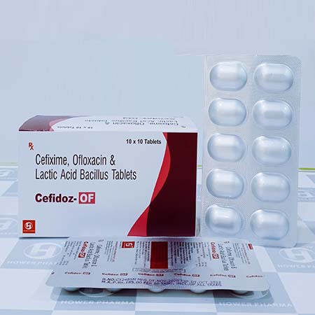 Product Name: Cefidoz Of, Compositions of Cefidoz Of are Cefixime,Ofloxacin Lactic Acid Bacillus Tablets - Hower Pharma Private Limited