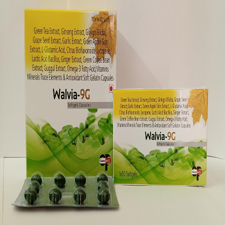 Product Name: Walvia 9G, Compositions of Walvia 9G are Softgle Capsules of omega-3 fatty acids  - L-Glutahione  - Green Tea Extract  - Ginkgo Biloba - Cassopeia Pharmaceutical Pvt Ltd