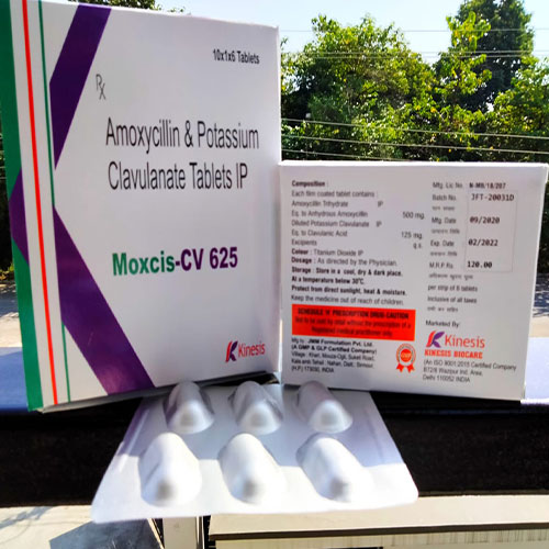 Product Name: Moxcis CV 625, Compositions of Amoxycillin 500 mgb Clavavulanic 125 mg are Amoxycillin 500 mgb Clavavulanic 125 mg - Kinesis Biocare