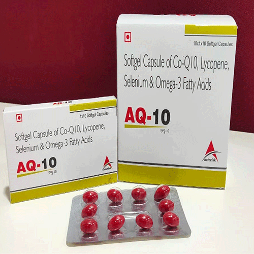 Product Name: AQ 10, Compositions of AQ 10 are Softgel Capsule of Co Q10, lycopene Selenium & Omega 3 fatty acids - Asterisk Laboratories