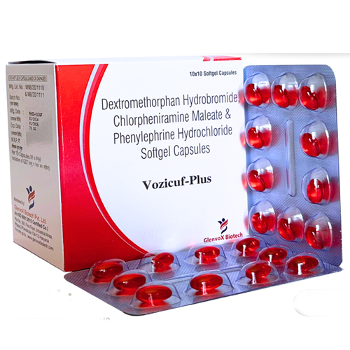 Product Name: Vozicuf Plus, Compositions of Vozicuf Plus are Dextromethorphan Hydrobromide, Chlorpheniramine Maleate & Phenylephrine Hydrochloride  Softgel Capsules - Glenvox Biotech Private Limited
