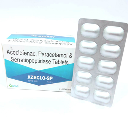 Product Name: AZECLO SP, Compositions of Aceclofenac , Paracetamol & Serratiopeptidase Tablets are Aceclofenac , Paracetamol & Serratiopeptidase Tablets - Ozenius Pharmaceutials