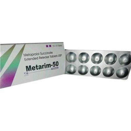 Product Name: Metarim 50, Compositions of Metarim 50 are Metaprolol Succinate Extended Release Tablets USP - Rhythm Biotech Private Limited