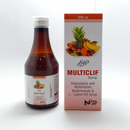 Product Name: Multiclif, Compositions of Multiclif are Antioxidant with Multivitamin & Multimineral &  L-Lysine Hcl Syrup - Noxxon Pharmaceuticals Private Limited