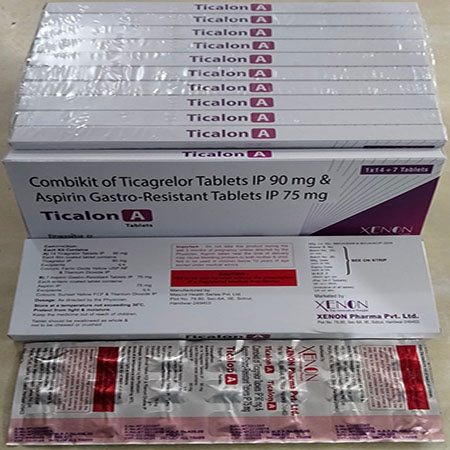 Product Name: Ticalon A, Compositions of Ticalon A are Combikit of Ticagrelor Tablets IP 90 mg & Aspirin Gastro-Resistant Tablets Ip 75 mg - Xenon Pharma Pvt. Ltd