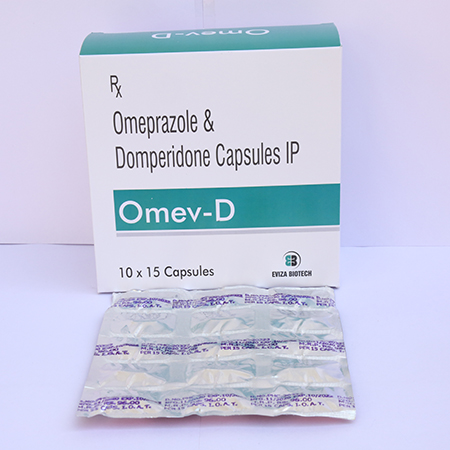 Product Name: Omev D, Compositions of Omev D are Omeprazole & Domperidone Capsules IP - Eviza Biotech Pvt. Ltd