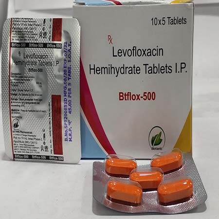 Product Name: Btflox 500, Compositions of Btflox 500 are Levofloxacin Hemihydrate Tablets I.P. - Biotanic Pharmaceuticals