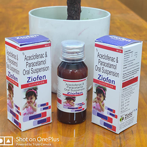 Product Name: Ziofen, Compositions of Ziofen are Aceclofenac & Paracetamol Oral Suspension - Ziotic Life Sciences