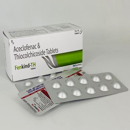 Product Name: Fenkind TH, Compositions of Thiocolchicoside & Aceclofenac Tablets are Thiocolchicoside & Aceclofenac Tablets - Biodiscovery Lifesciences Pvt Ltd