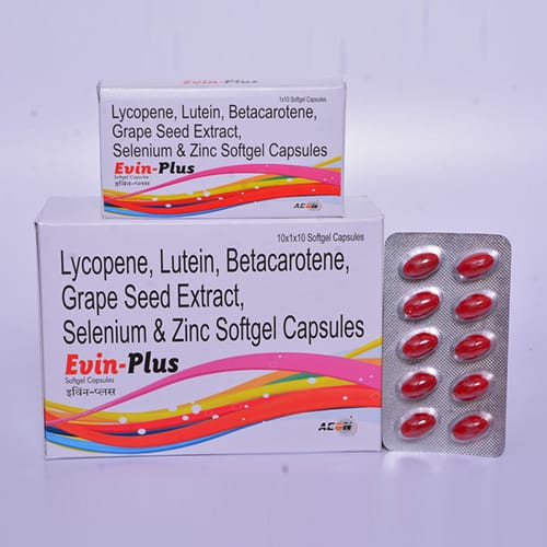 Product Name: Evin Plus, Compositions of LYCOPENE, LUTEIN, BETACAROTENE, GRAPE SEED EXTRACT, SELENIUM, ZINC SOFTGEL CAPSULES are LYCOPENE, LUTEIN, BETACAROTENE, GRAPE SEED EXTRACT, SELENIUM, ZINC SOFTGEL CAPSULES - Aeon Remedies
