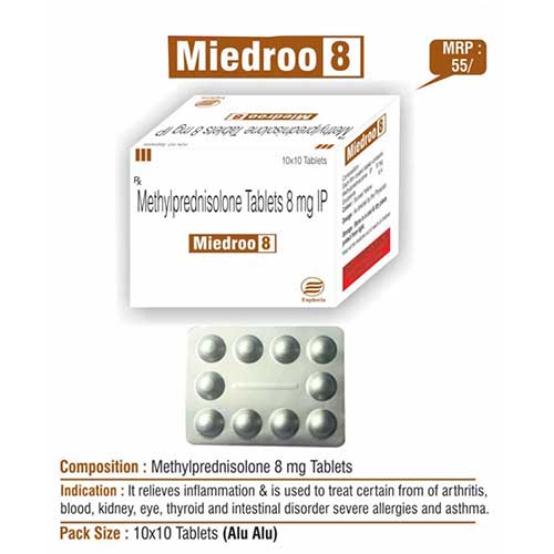 Product Name: Miedroo 8, Compositions of Miedroo 8 are Methylcprednisolone Tablets IP 8mg - Euphoria India Pharmaceuticals