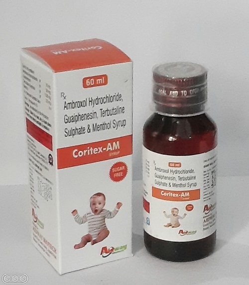 Product Name: Coritex AM, Compositions of Coritex AM are Ambroxol Hydrochloride,Guaiphenesin,Terbutaline sulphate & Menthol Syrup - Aidway Biotech