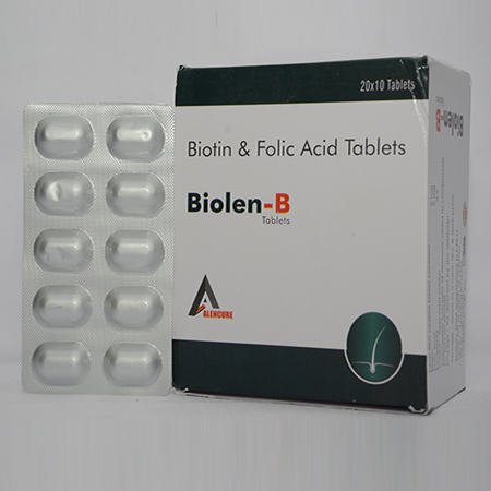 Product Name: BIOLEN B, Compositions of BIOLEN B are Biotin & Folic Acid Tablets - Alencure Biotech Pvt Ltd