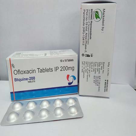 Product Name: Btquine 200, Compositions of Btquine 200 are Ofloxacin Tablets IP 200 mg - Biotanic Pharmaceuticals