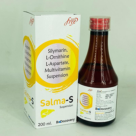 Product Name: Salma S, Compositions of Salma S are Silymarin, L-Ornithine, L-Asparate, Multivitamin Suspension - Biodiscovery Lifesciences Pvt Ltd