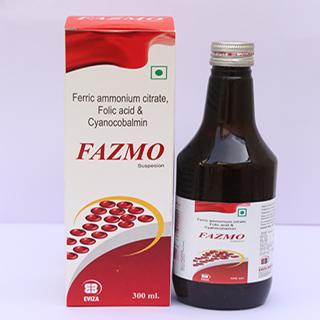 Product Name: Fazmo, Compositions of Fazmo are Ferric ammonium citrate Folic acid & Cyanocobalmin - Eviza Biotech Pvt. Ltd
