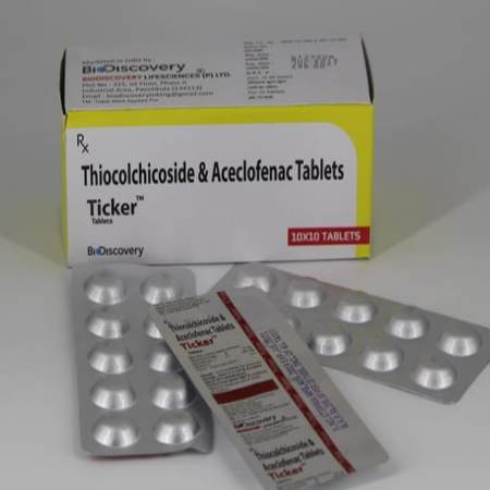Product Name: Ticker Tablets, Compositions of Ticker Tablets are Thiocolchicoside & Aceclofenac Tablets - Biodiscovery Lifesciences Pvt Ltd