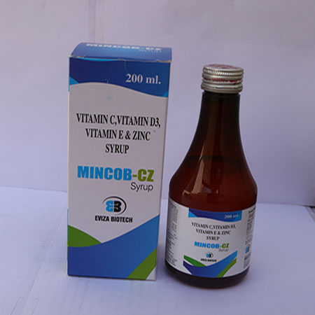 Product Name: Mincob CZ, Compositions of Mincob CZ are Vitamin C,Vitamin D3,Vitamin E & Zinc Syrup - Eviza Biotech Pvt. Ltd