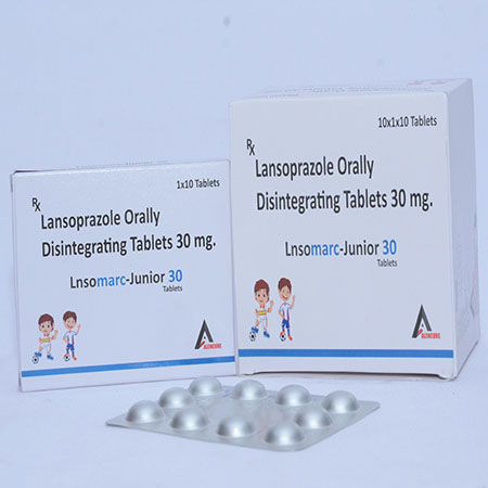 Product Name: LNSOAMARC JUNIOR 30, Compositions of LNSOAMARC JUNIOR 30 are Lansoprazole Orally Disintegration Tablets 30mg - Alencure Biotech Pvt Ltd