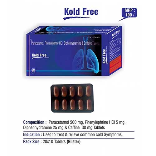 Product Name: Kold Free, Compositions of Kold Free are Paracetamol, Phenylphrine HCl, Diphenylphrine & Caffeine Tablets - Euphoria India Pharmaceuticals