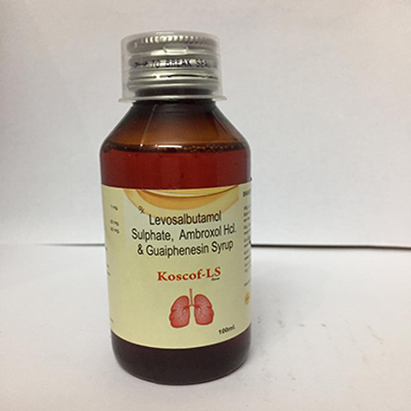 Product Name: KOSCOF LS, Compositions of KOSCOF LS are Levosalbutamol Sulphate, Ambroxol HCL & Guaiphensin Syrup - Apikos Pharma