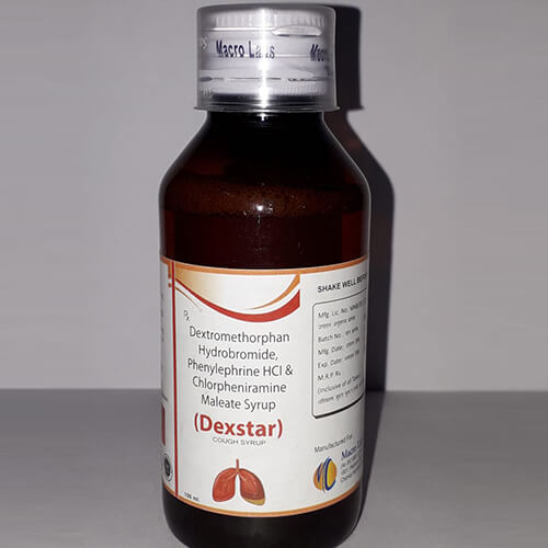 Product Name: Dexstar, Compositions of Dexstar are Dextromethorphan Hydrobromide,Phenylephrin Hydrochloride and Chlorpheniramine Maleate Syrup - Macro Labs Pvt Ltd
