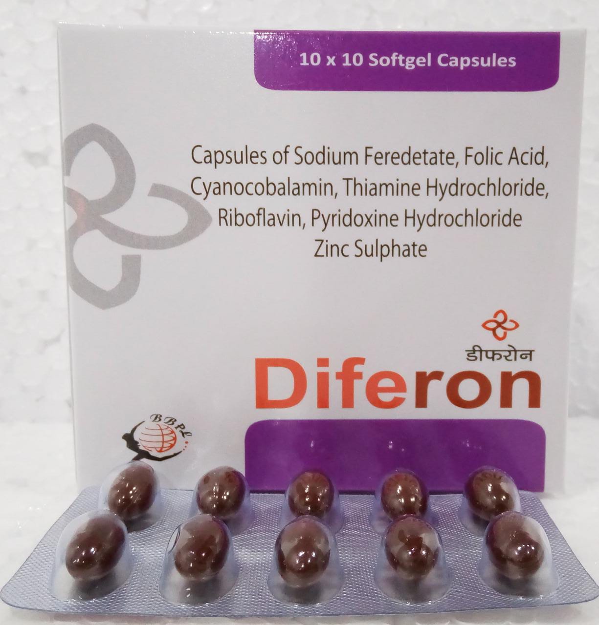Product Name: DIFERON, Compositions of DIFERON are Capsules of sodium Feredetate, Folic Acid, Cyancobalamin, Thiamine Hydrochloride, Riboflavin, Pyridoxine Hydrochloride Zinc Sulphate - Biomax Biotechnics Pvt. Ltd