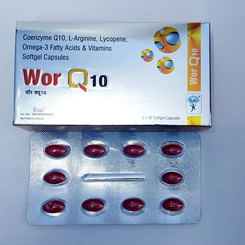 Product Name: Wor Q 10, Compositions of Wor Q 10 are Coenzyme Q10,L-Arginine,Lycopene,Omega-3 Fatty Acids & Vitamins Softgel Capsules - WHC World Healthcare