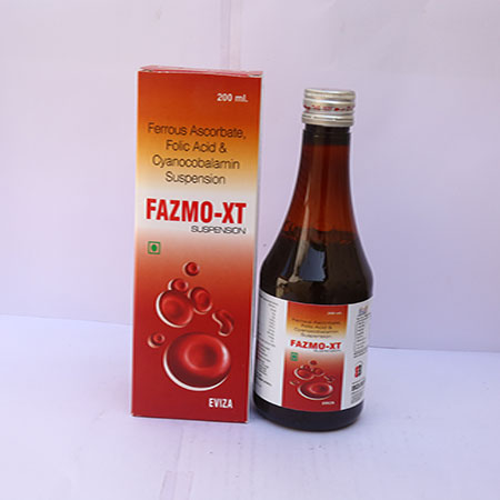 Product Name: Fazmo XT, Compositions of Fazmo XT are Ferrous Ascorbate Folic Acid & Cyanocobalamin Suspension - Eviza Biotech Pvt. Ltd