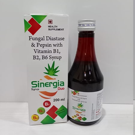Product Name: Sinergia Duo, Compositions of Sinergia Duo are Fungal Diastate & pepssin with B1, B2, B6 Syrup - Soinsvie Pharmacia Pvt. Ltd