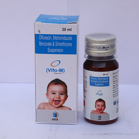 Product Name: Vifo M, Compositions of Vifo M are Ofloxacin, Metrodinazole Benzoate & Simethicone Suspension - Eviza Biotech Pvt. Ltd