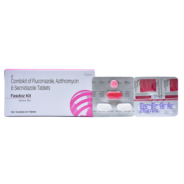 Product Name: FASDOZ KIT, Compositions of FASDOZ KIT are Combikit of 1 Tab Fluconazole 150 mg + 1 Tab Azithromycin 1 gm + 2 Tabs Secnidazole 1 gm - Fawn Incorporation