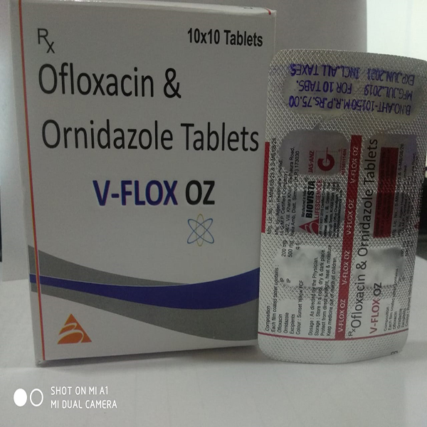 Product Name: V flox oz, Compositions of V flox oz are Ofloxacin & Ornidazole Tablets - Biovista Lifesciences