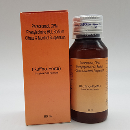 Product Name: Kuffno Forte, Compositions of Kuffno Forte are Paracetamol, CPM, Phenylephrine hydrochloride , Sodium Citrate and Menthol Suspension - Acinom Healthcare