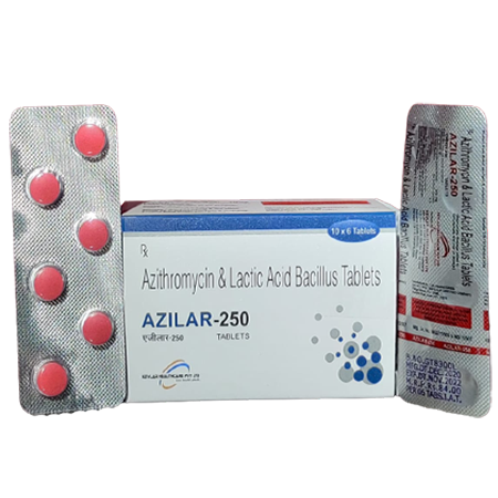 Product Name: Azilar 250, Compositions of Azilar 250 are Azithromycin & Lactic Acid Bacillus Tablets - Kevlar Healthcare Pvt Ltd