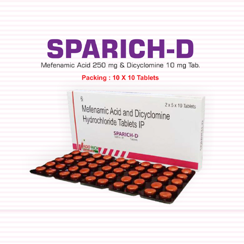 Product Name: Sparich D, Compositions of Sparich D are Mefenamic Acid and Dicyclomine Hydrochloride Tablets IP - Pharma Drugs and Chemicals