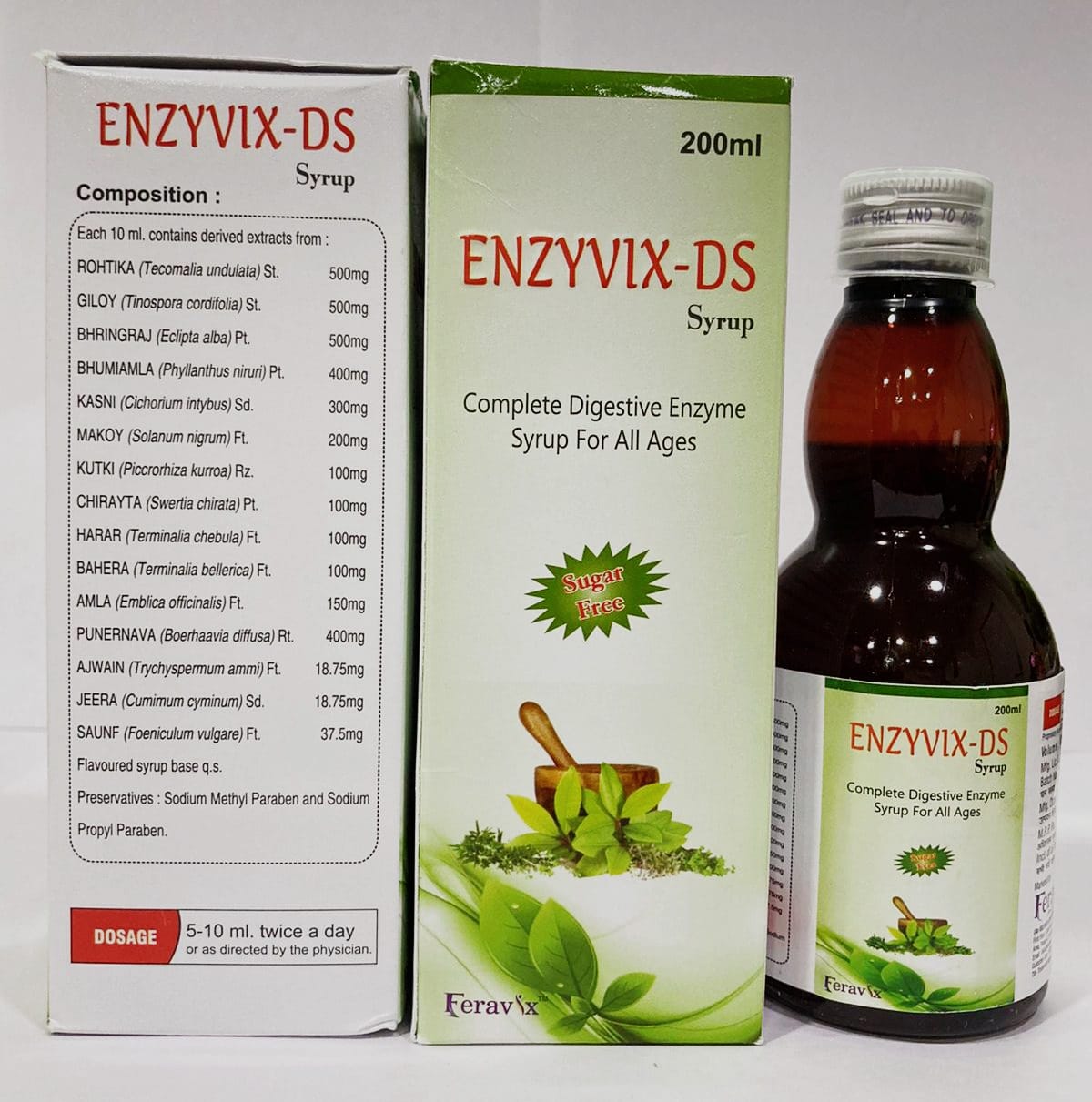 Product Name: ENZYVIX DS Syrup, Compositions of ENZYVIX DS Syrup are ENZYME SYRUP EACH 5 ML - Feravix Lifesciences