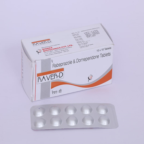 Product Name: RAVER D, Compositions of RAVER D are Rabeprazole & Domeperidone Tablets - Biomax Biotechnics Pvt. Ltd
