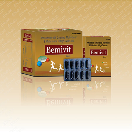 Product Name: Bemivit, Compositions of Bemivit are Antioxidants with Gingseng multivitamin & Minerals Softgel Capsules - Elkos Healthcare Pvt. Ltd