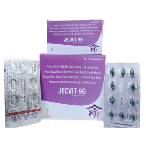 Product Name: Jecvit9G, Compositions of Jecvit9G are Omega-3 Fatty Acid (EPA-DHA), Ginseng Extract, Grape Seed Extract, Guggul Extract, Glycyrrhiza Glabra Extract, Green Tea Extract, Ginkgo Biloba, Ginger Extract, Garlic Extract, Green Coffee Bean Extract, Multivitamin, Mutimin - Jecks Pharma