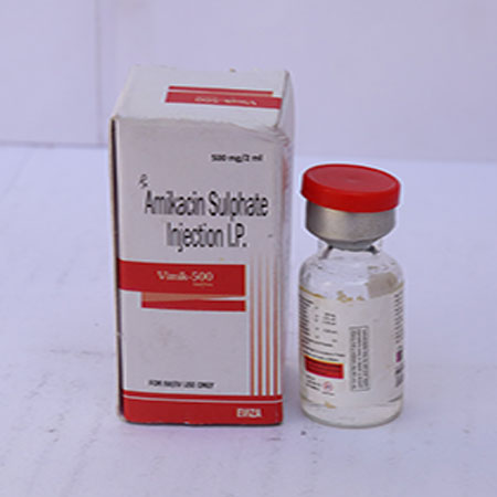 Product Name: Vimik 500, Compositions of Vimik 500 are Amikacin Sulphate Injection IP - Eviza Biotech Pvt. Ltd