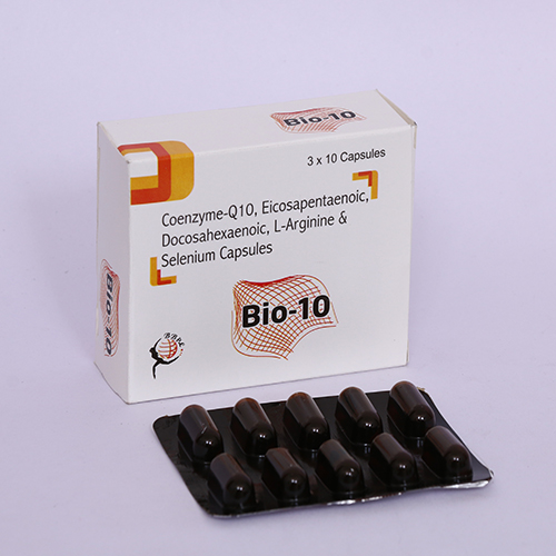 Product Name: BIO 10, Compositions of BIO 10 are Coenzyme Q 10, Eicosapentaenoic, Docossahexaenoic, L-Arginine & Selenium Capsules - Biomax Biotechnics Pvt. Ltd