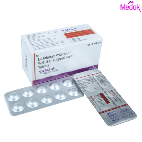 Product Name: Yama S, Compositions of Yama S are Diclofenac potassium with serratiopeptidase tablets - Medok Life Sciences Pvt. Ltd