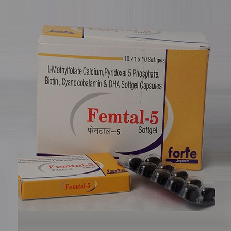 Product Name: Female 5, Compositions of Female 5 are  L-Methylfolate Calcium  Pyridoxal 5 Phosphate,Biotin Cyanocobalamin & DHA Softgel Capsules - Zegchem