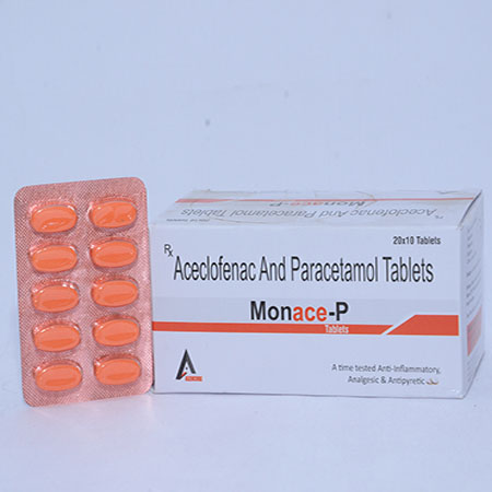 Product Name: MONACE P, Compositions of MONACE P are Aceclofenac And Paracetamol Tablets - Alencure Biotech Pvt Ltd