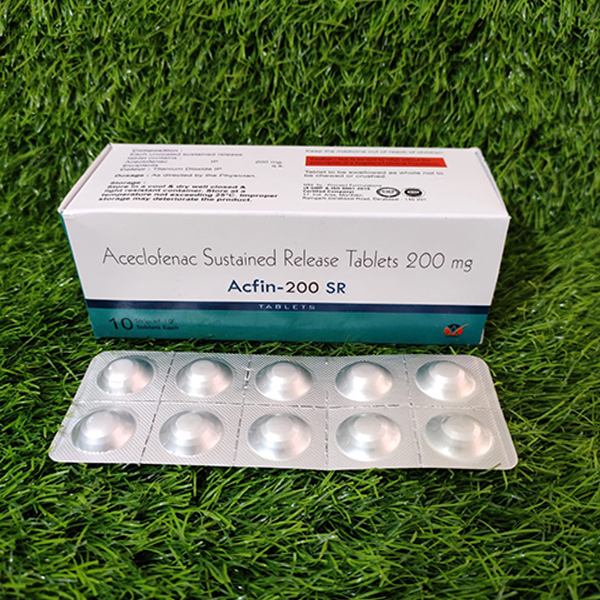 Product Name: Acfin 200 SR, Compositions of Acfin 200 SR are Aceclofenac Sustained Realease Tablets 200 mg - Anista Healthcare