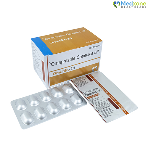 Product Name: OMEBLIS 20, Compositions of OMEBLIS 20 are Omeprazole Capsules IP - Medxone Healthcare