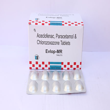 Product Name: Evlop MR, Compositions of Evlop MR are Aceclofenac, Paracetamol & Chlorzoxazone Tablets - Eviza Biotech Pvt. Ltd